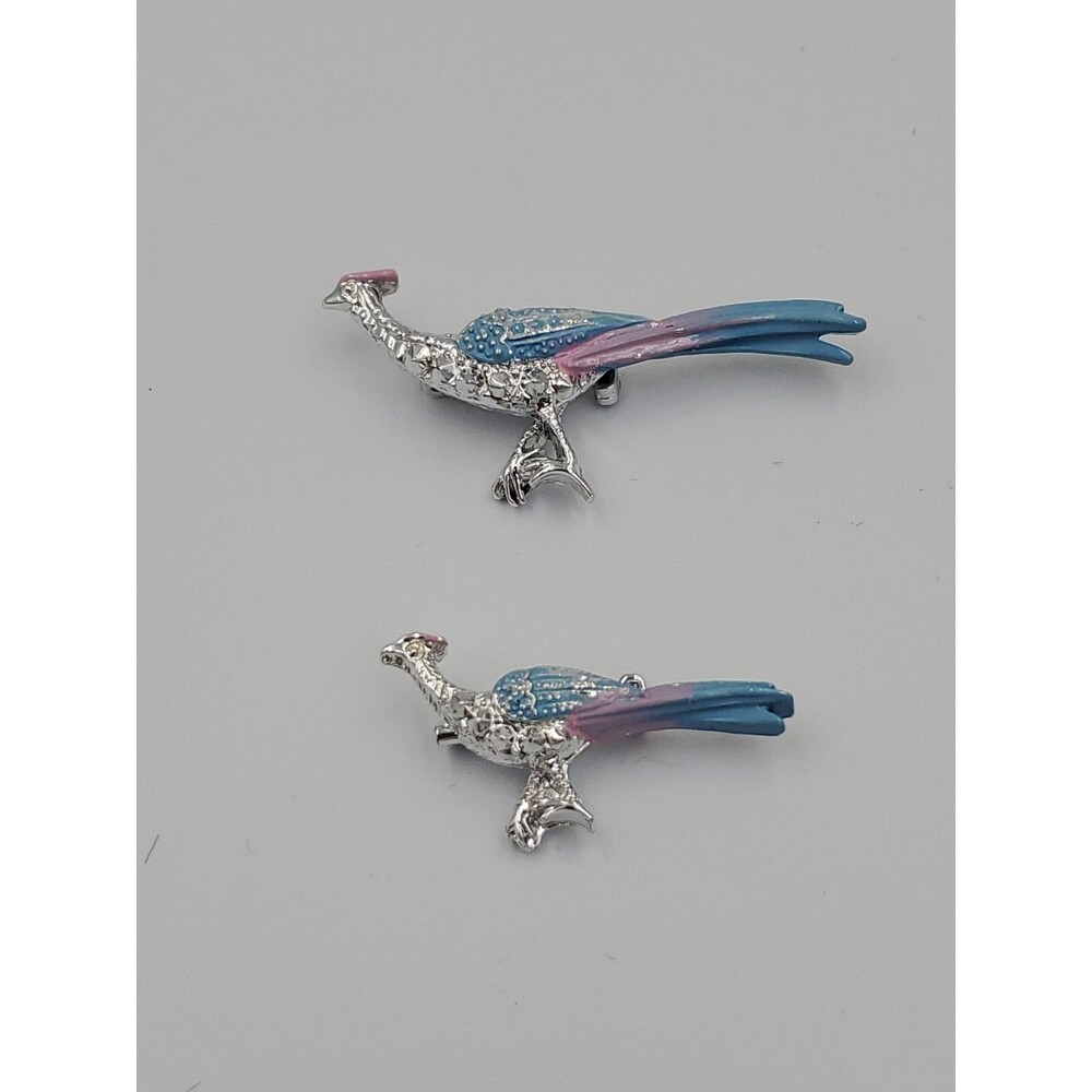 2 Vtg 1960s Pheasant Brooch Pin Pastel Blue Pink Silver Tone Metal Roadrunner